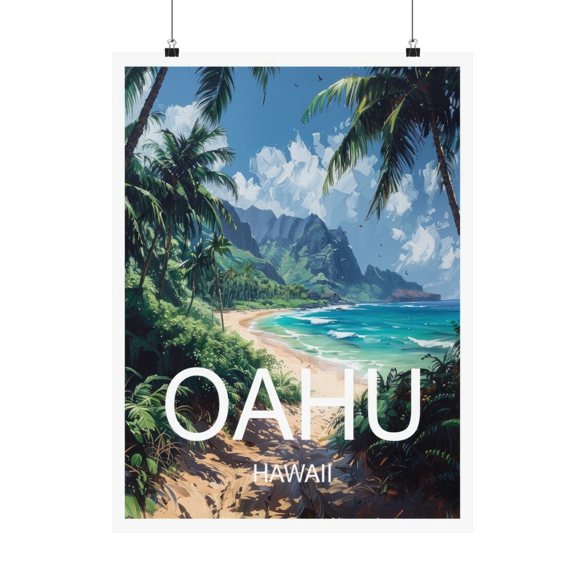 Oahu Hawaii Tropical Beach Palm Coast Mountain View Travel Poster - Image 5