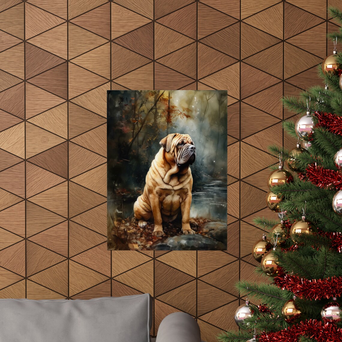 Chinese Shar Pei Sitting By Autumn Stream Wrinkled Fawn Coat Poster - Image 3