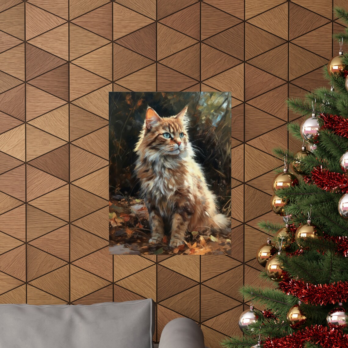 Longhaired Brown Tabby Cat Green Eyes Autumn Leaves Portrait Poster - Image 3