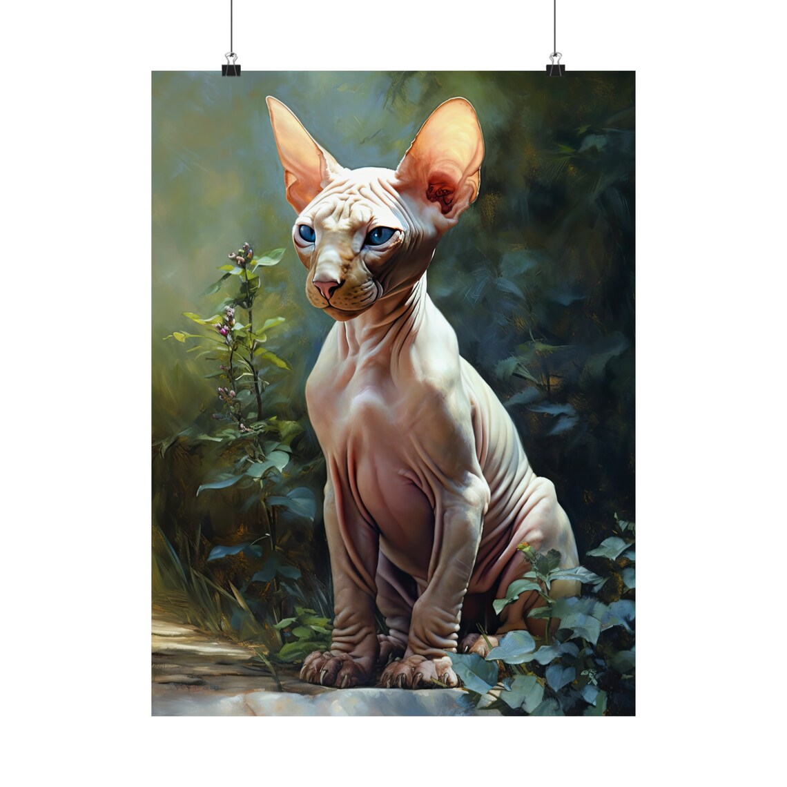 Sphynx Cat Portrait Sunlit Garden Green Eyes Hairless Cat Painting Print - Image 5