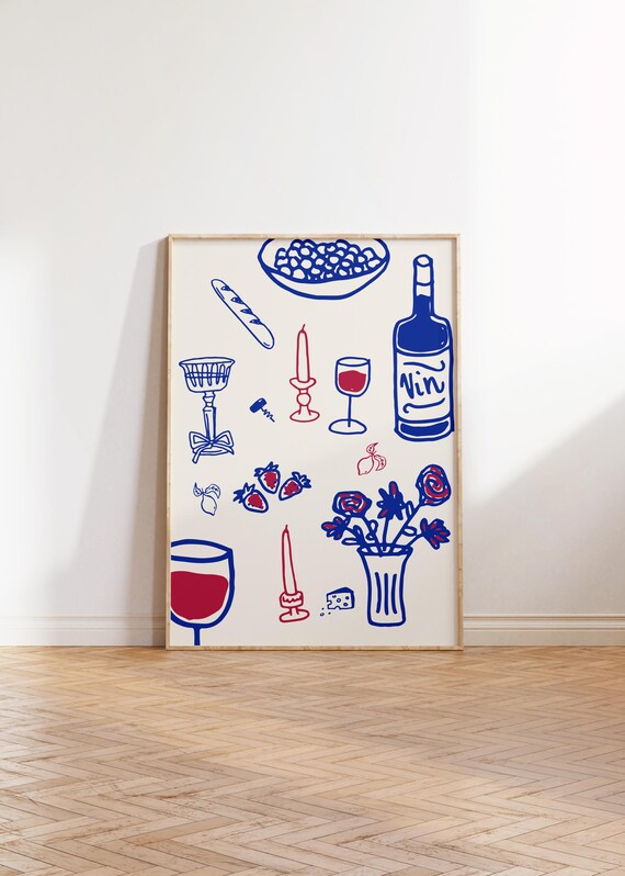 Navy Blue French Wine Dinner Table Line Art Kitchen Bar Cart Poster