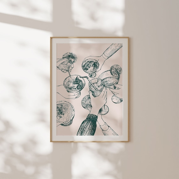 Emerald Green Cheers Cocktail Hands Toast Line Art Retro Bar Cart Poster