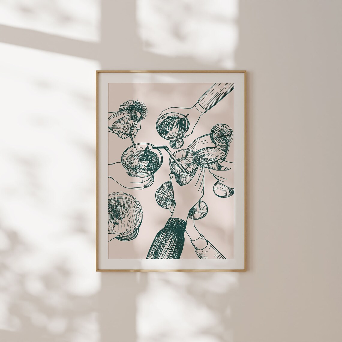Emerald Green Cheers Cocktail Hands Toast Line Art Retro Bar Cart Poster