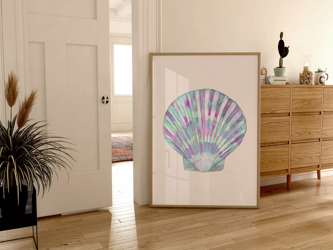 Pastel Rainbow Scallop Shell Watercolor Minimal Coastal Wall Art