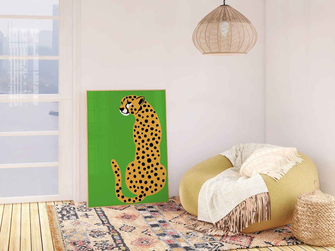 Lime Green Leopard Cheetah Sitting Bold Animal Illustration Wall Poster - Image 3