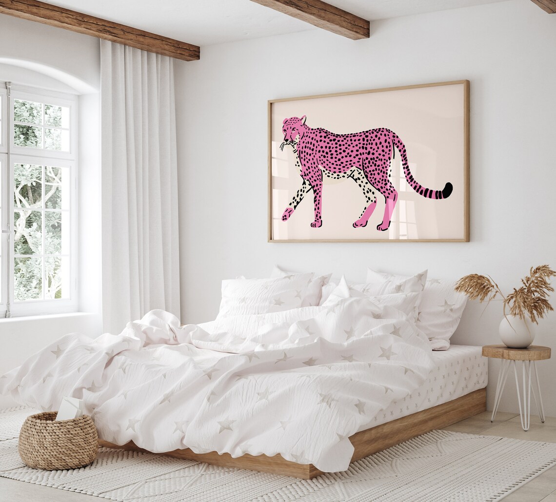 Pink Cheetah Walking Leopard Illustration Minimal Boho Jungle Art Poster - Image 2