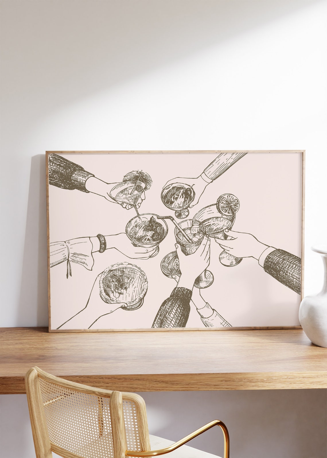 Dark Ink Cheers Cocktail Hands Toast Line Art Retro Bar Cart Print - Image 2
