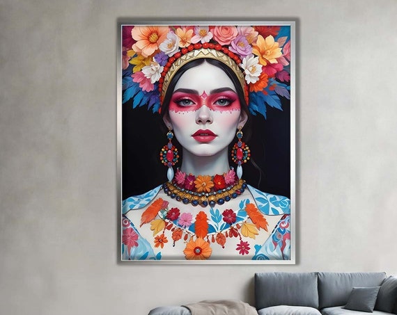 Colorful Woman Portrait Wall Art Surreal Boho Female Face Canvas Vibrant Abstract Girl Painting Gift For Her Bedroom Decor