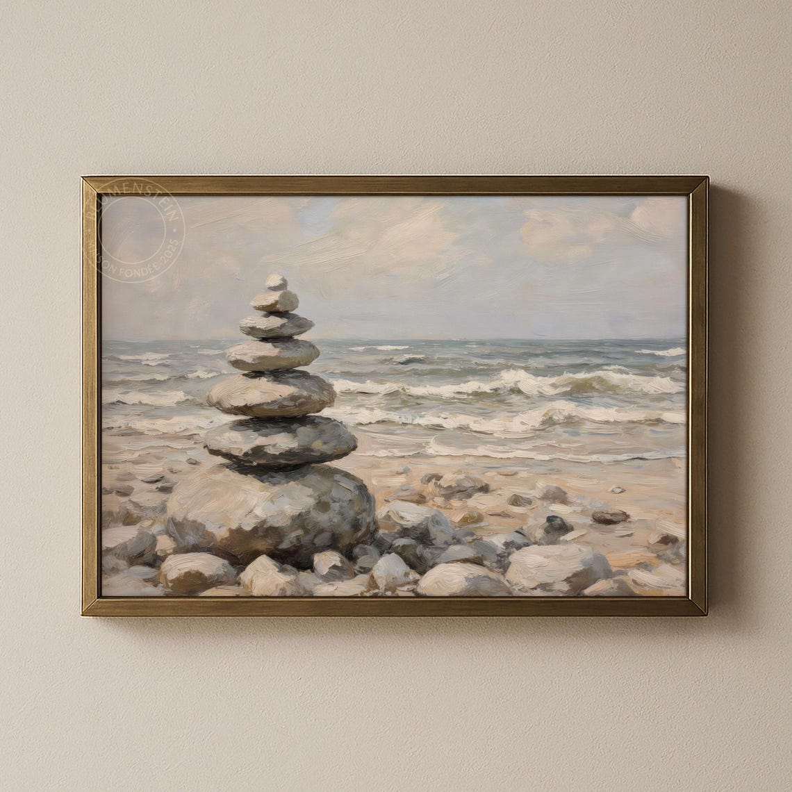 Beach Stone Cairn Ocean Waves Zen Meditation Coastal Art Poster