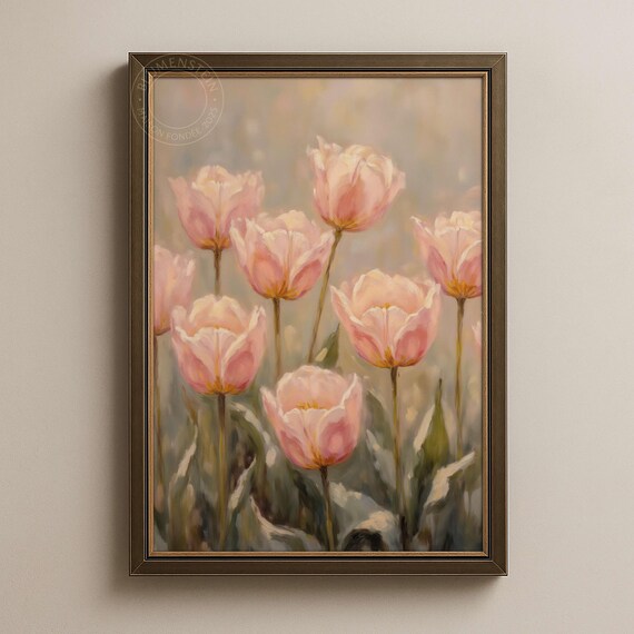 Tulip Wall Art Print Pink Coral Oil Painting Spring Floral Decor Morning Light Blooms Pastel Botanical Jpg