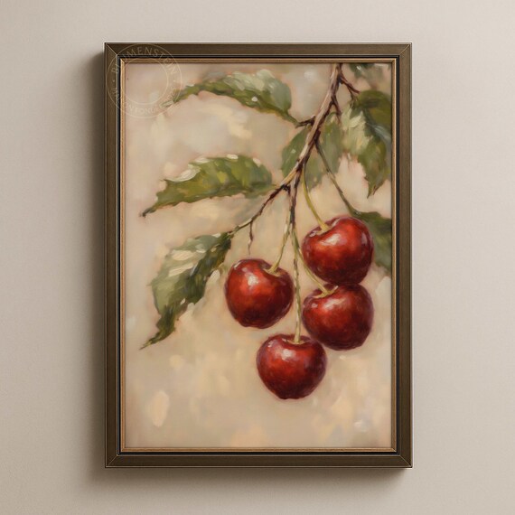 Ripe Red Cherries Branch Summer Botanical Oil Painting Poster