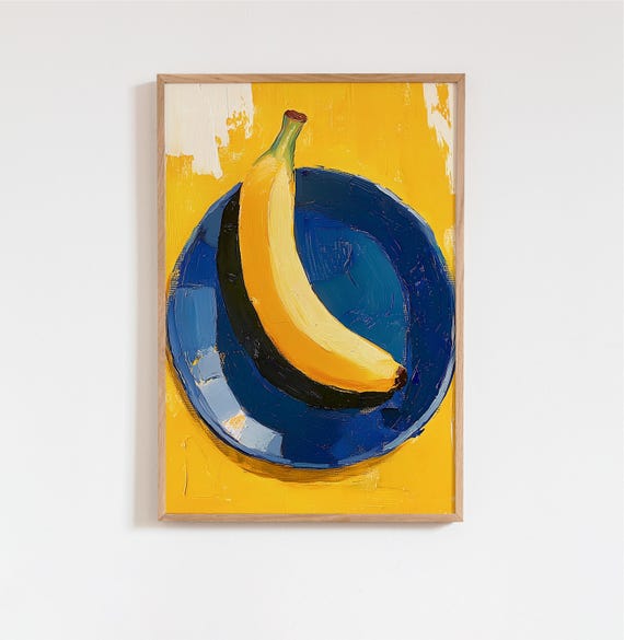 Banana On Blue Plate Acrylic Art Print Colorful Dopamine Kitchen Wall Yellow Maximalist Food Vibrant Still Life