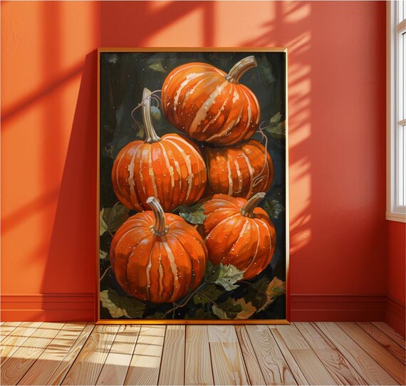Five Orange Pumpkins Stacked Harvest Still Life Painting Poster