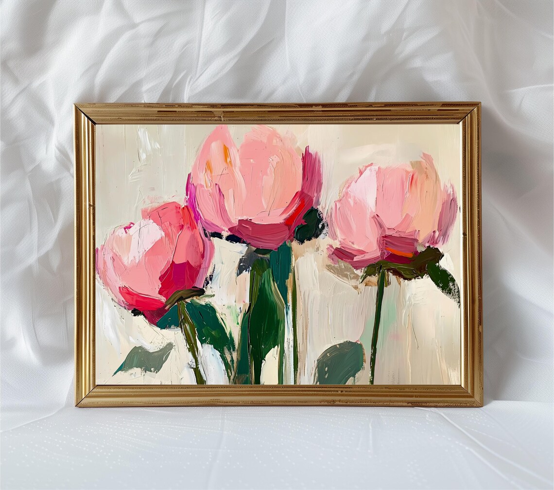 Pink Peony Abstract Floral Oil Painting Art Print