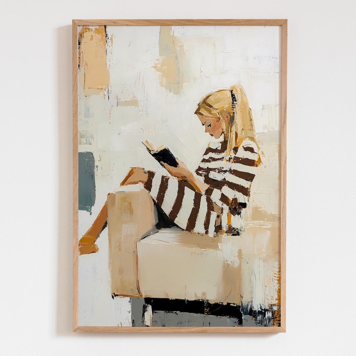 Girl Reading Beige Abstract Painting Modern Minimalist Decor Print
