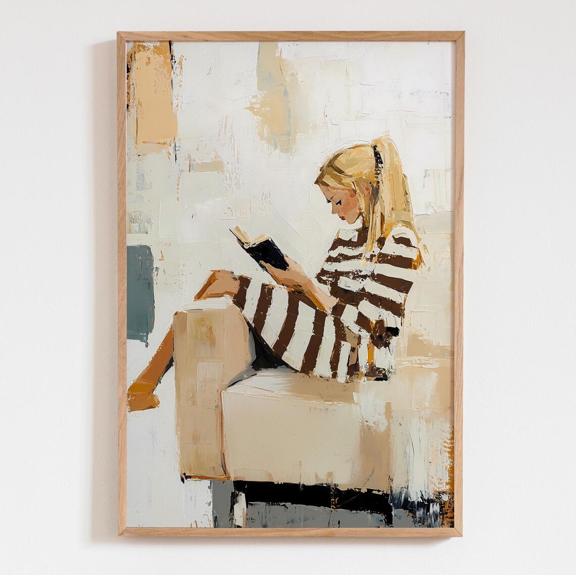Neutral Beige Acrylic Blond Woman Art Print Large Modern Abstract Poster Muted People Wall Decor