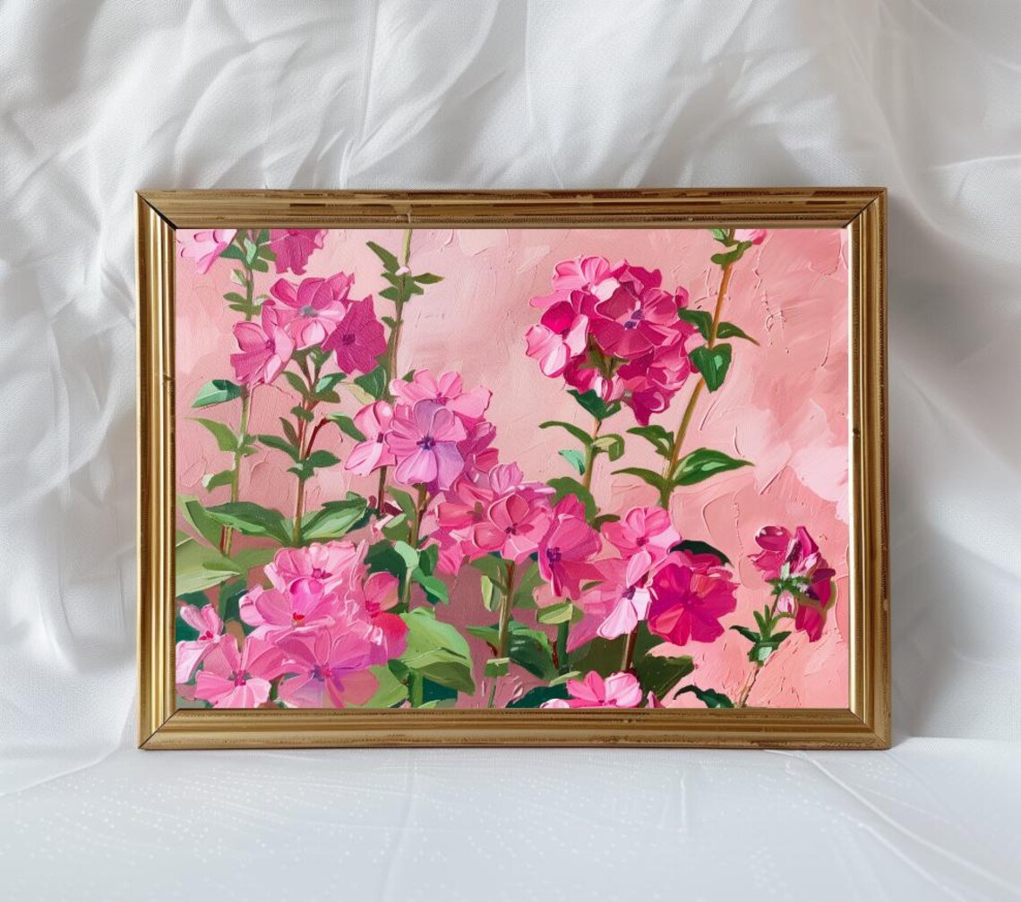 Pink Garden Flowers Acrylic Painting Bright Floral Art Poster