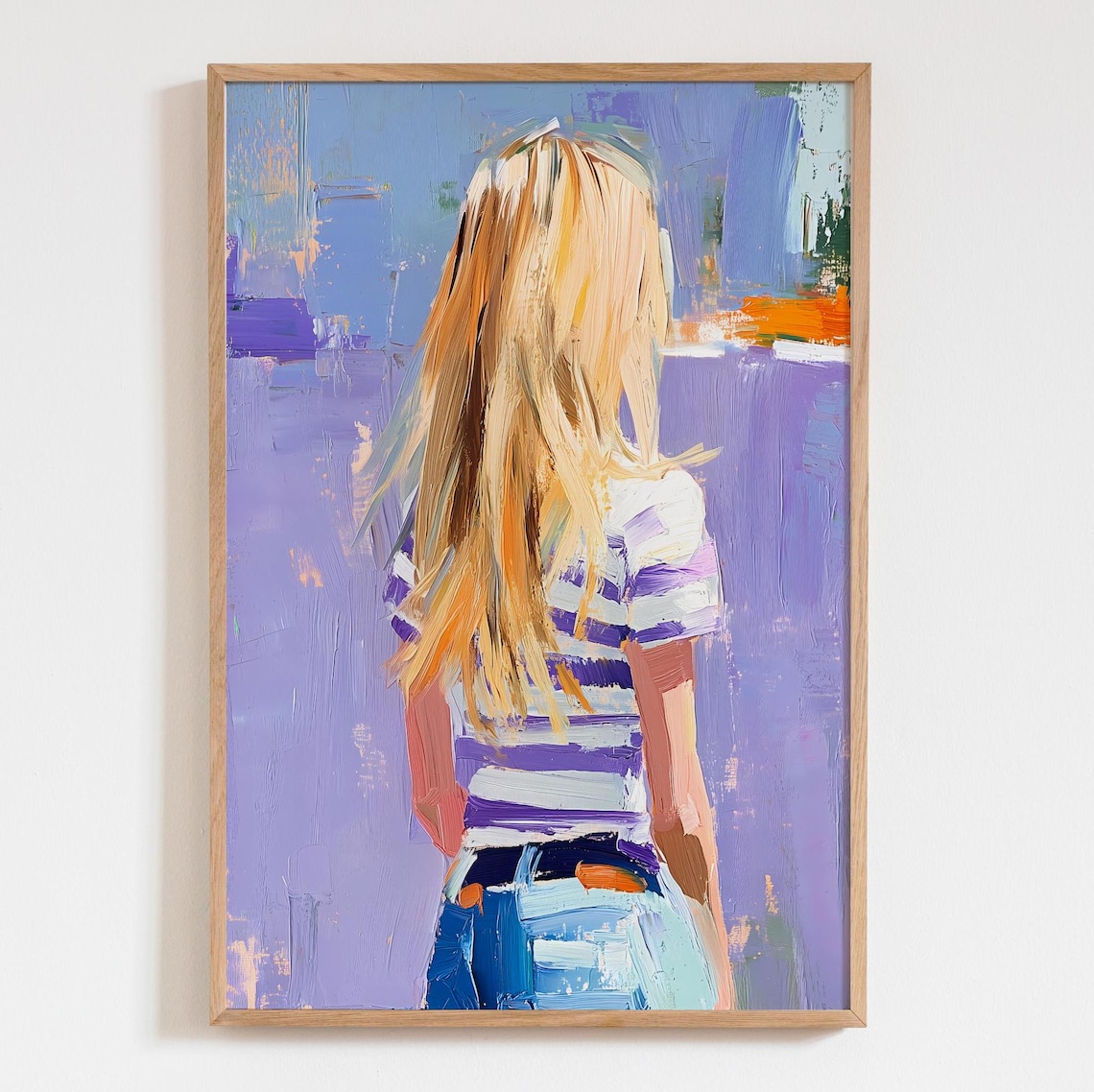 Blonde Woman From Behind Lilac Striped Top Abstract Art Poster