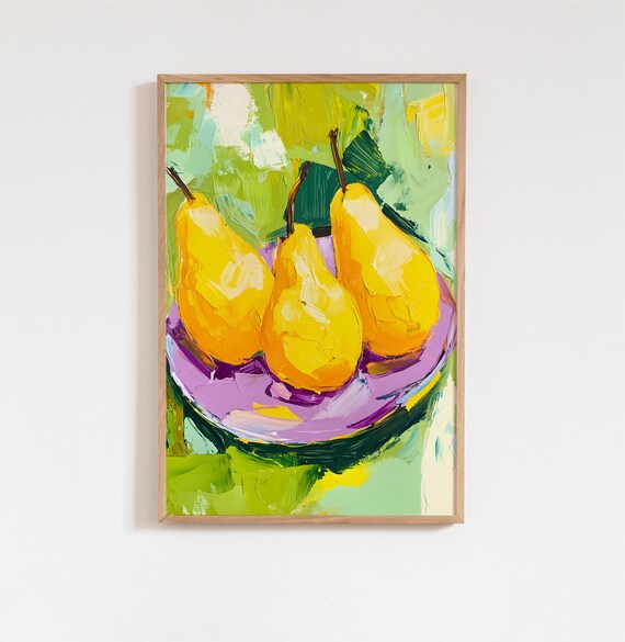 Three Yellow Pears on Purple Plate Still Life Painting Poster