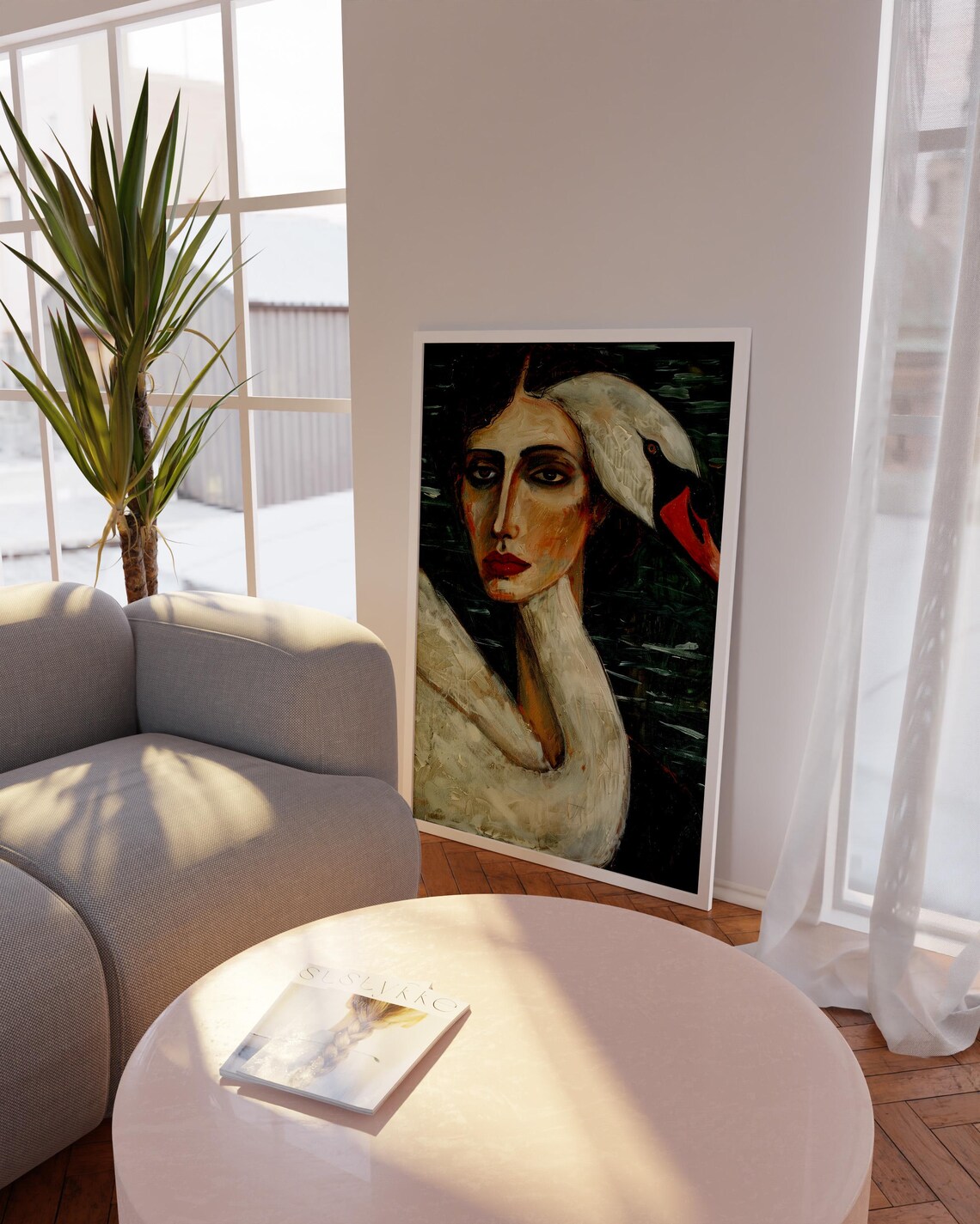 Elegant Woman With Swan Oil Painting Bohemian Style Art Poster