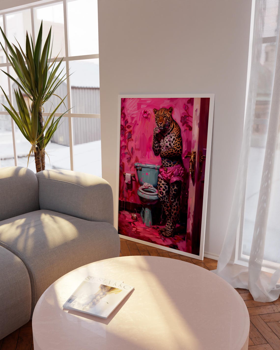 Funny Leopard Bathroom Art Surreal Animal In Pink Interior Quirky Wall Print With Humor Pop Style Bold Jungle Decor