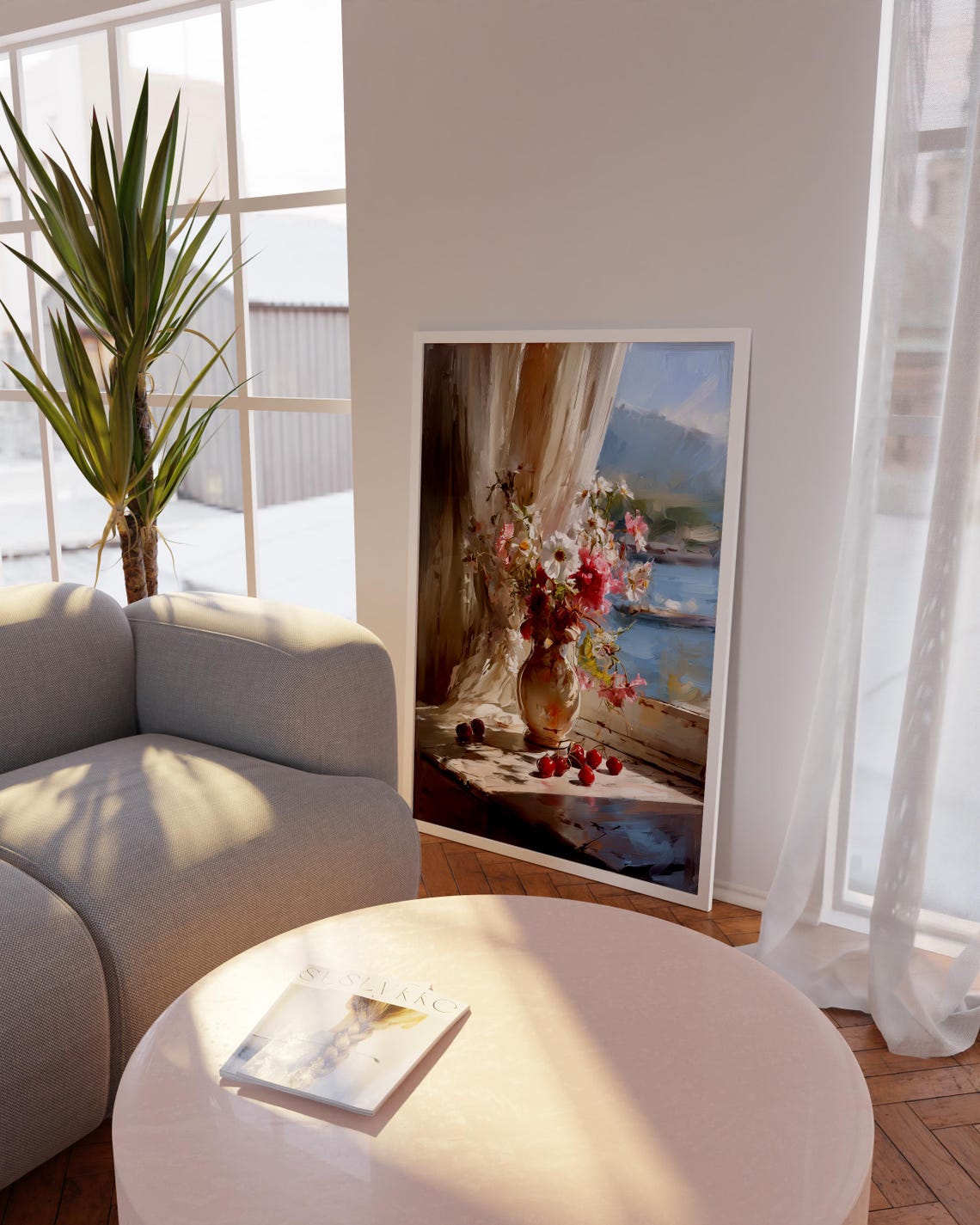 Sunlit Window Still Life With Pink Flower Bouquet and Cherries Poster