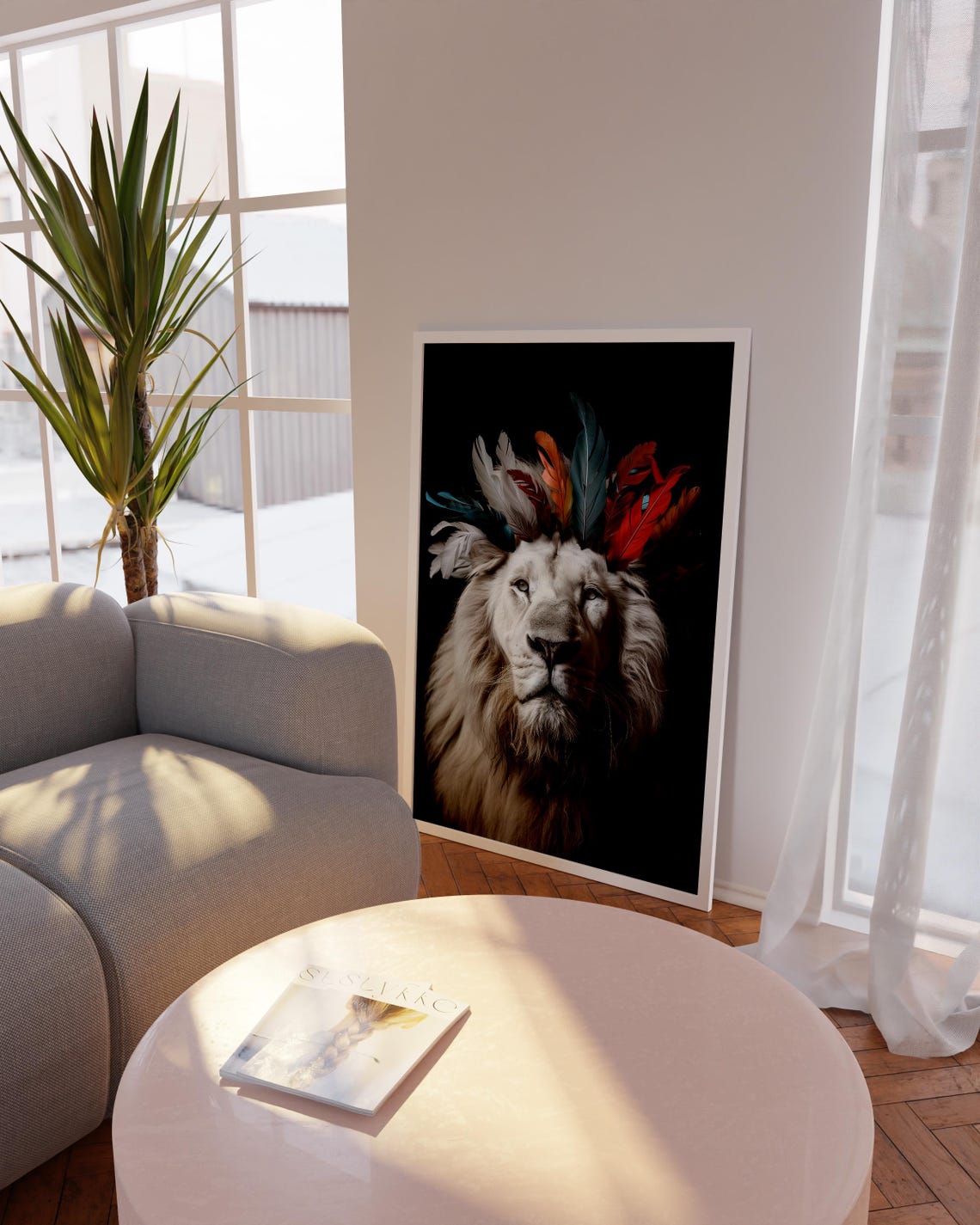 White Lion Wearing Feather Headdress Regal Wildlife Art Poster