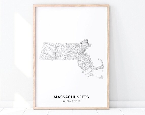 Massachusetts Map Print, Modern Office Decor Poster