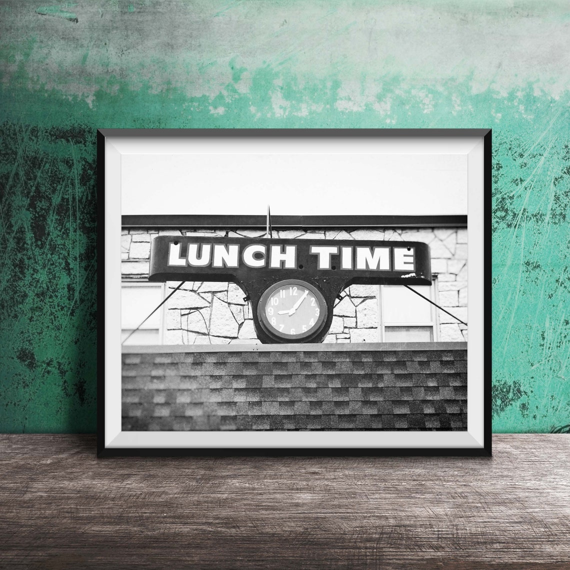 Vintage Lunch Time Red Clock Sign on Stone Building Photography Poster - Image 2