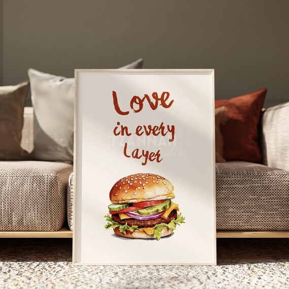 Love In Every Layer Cheeseburger Illustration Kitchen Wall Art