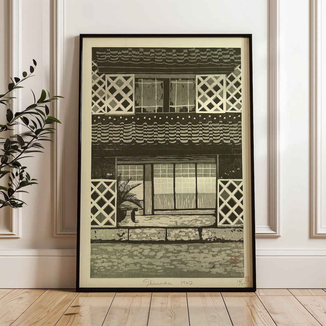 Shimoda 1962 Japanese Townhouse Vintage Woodblock Architecture Print