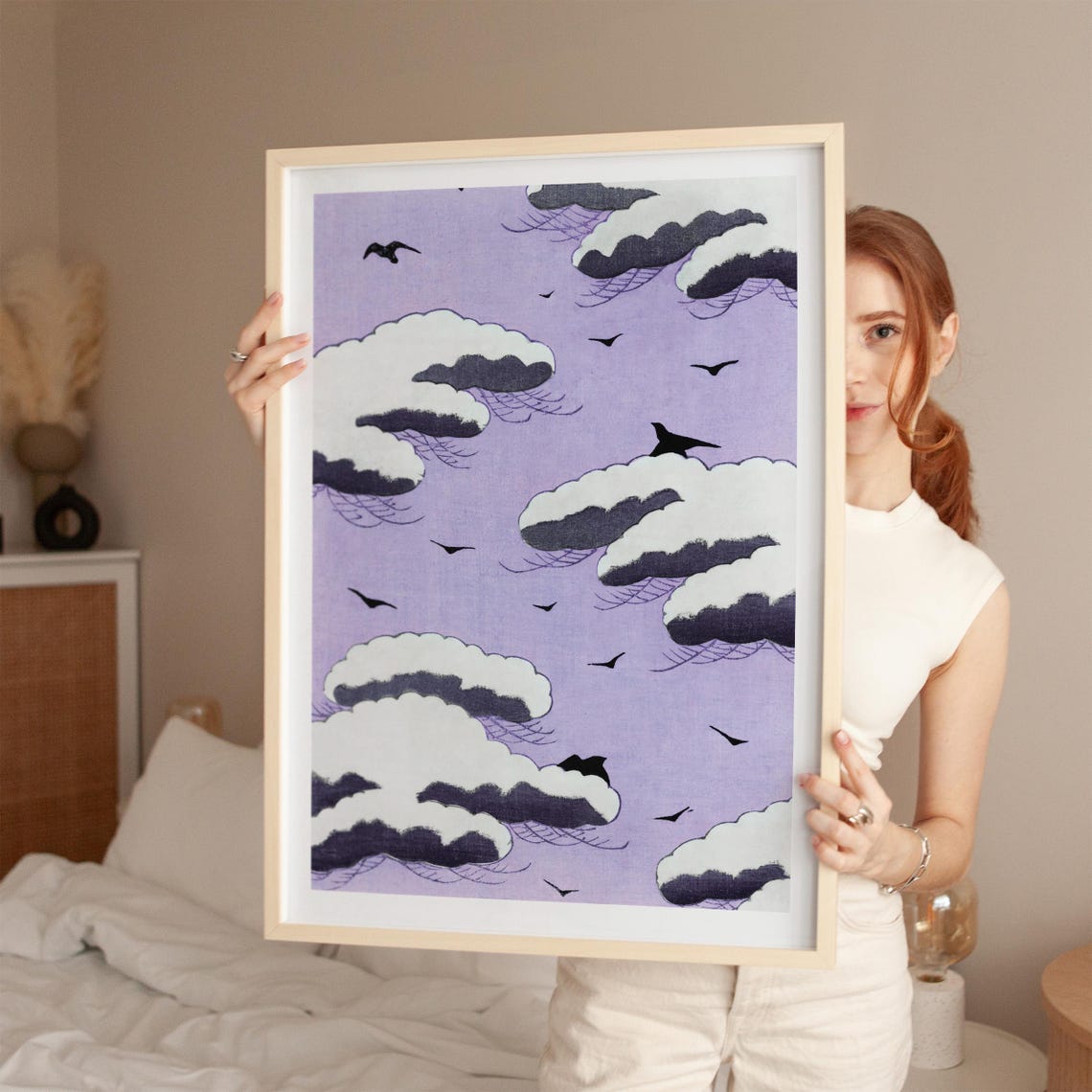 Japanese Woodblock Style Purple Clouds Birds Ukiyo-e Art Print