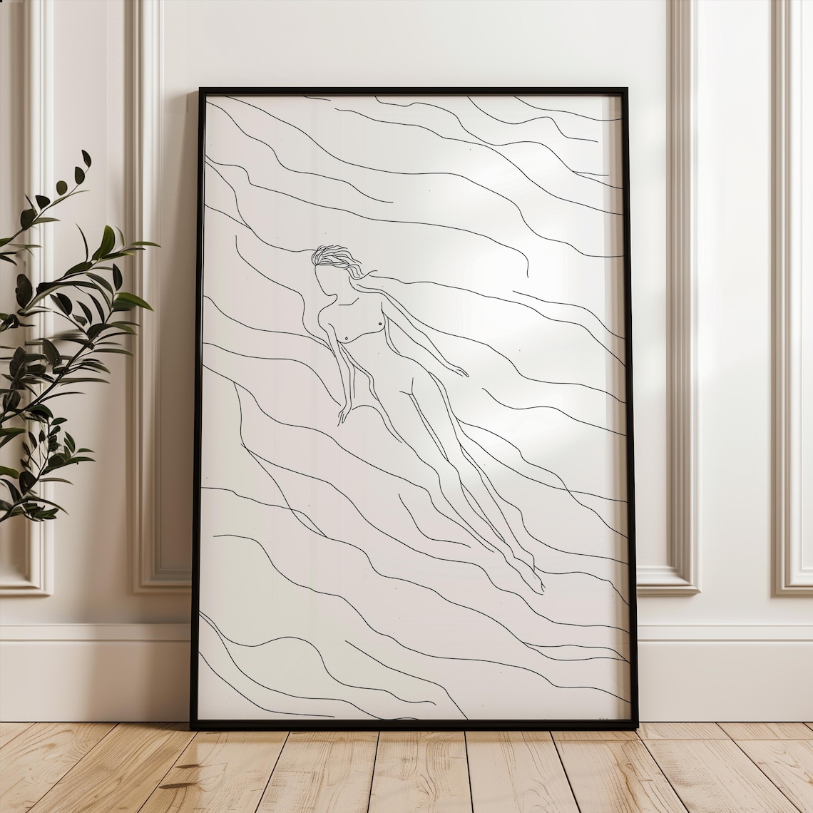 Woman Swimming Single Line Art Minimalist Ocean Waves Poster Art