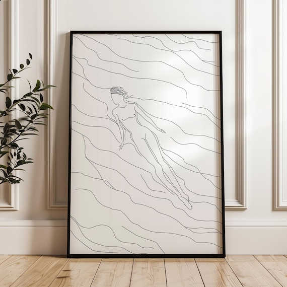Woman Swimming Single Line Art Minimalist Ocean Waves Poster Art