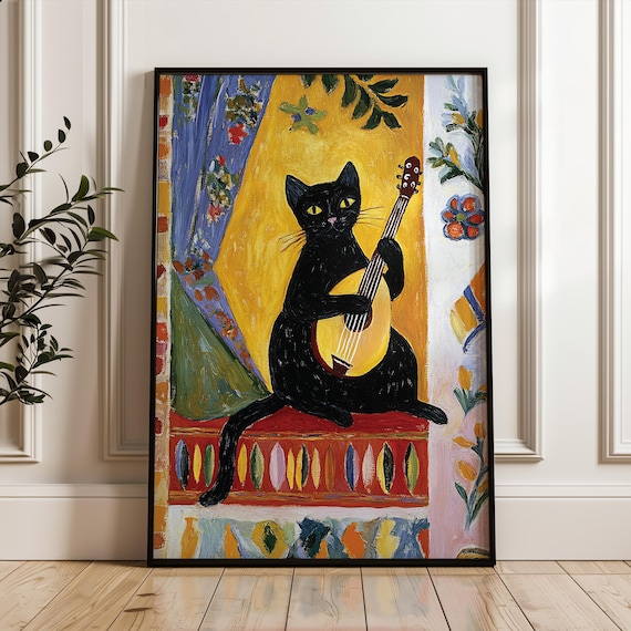 Matisse Style Black Cat Playing Guitar Whimsical Folk Art Poster