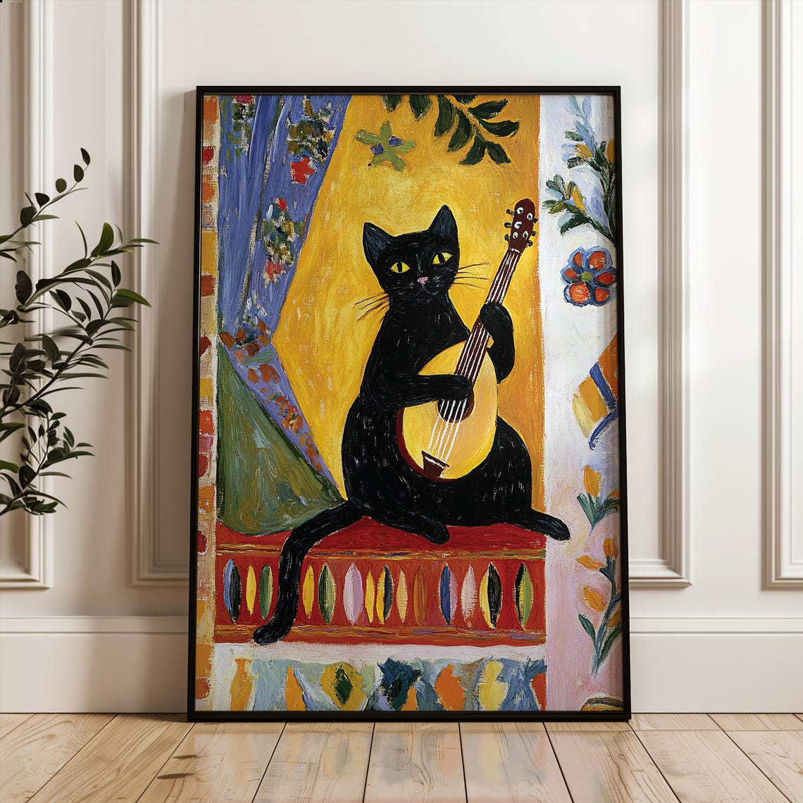 Matisse Style Black Cat Playing Guitar Whimsical Folk Art Poster