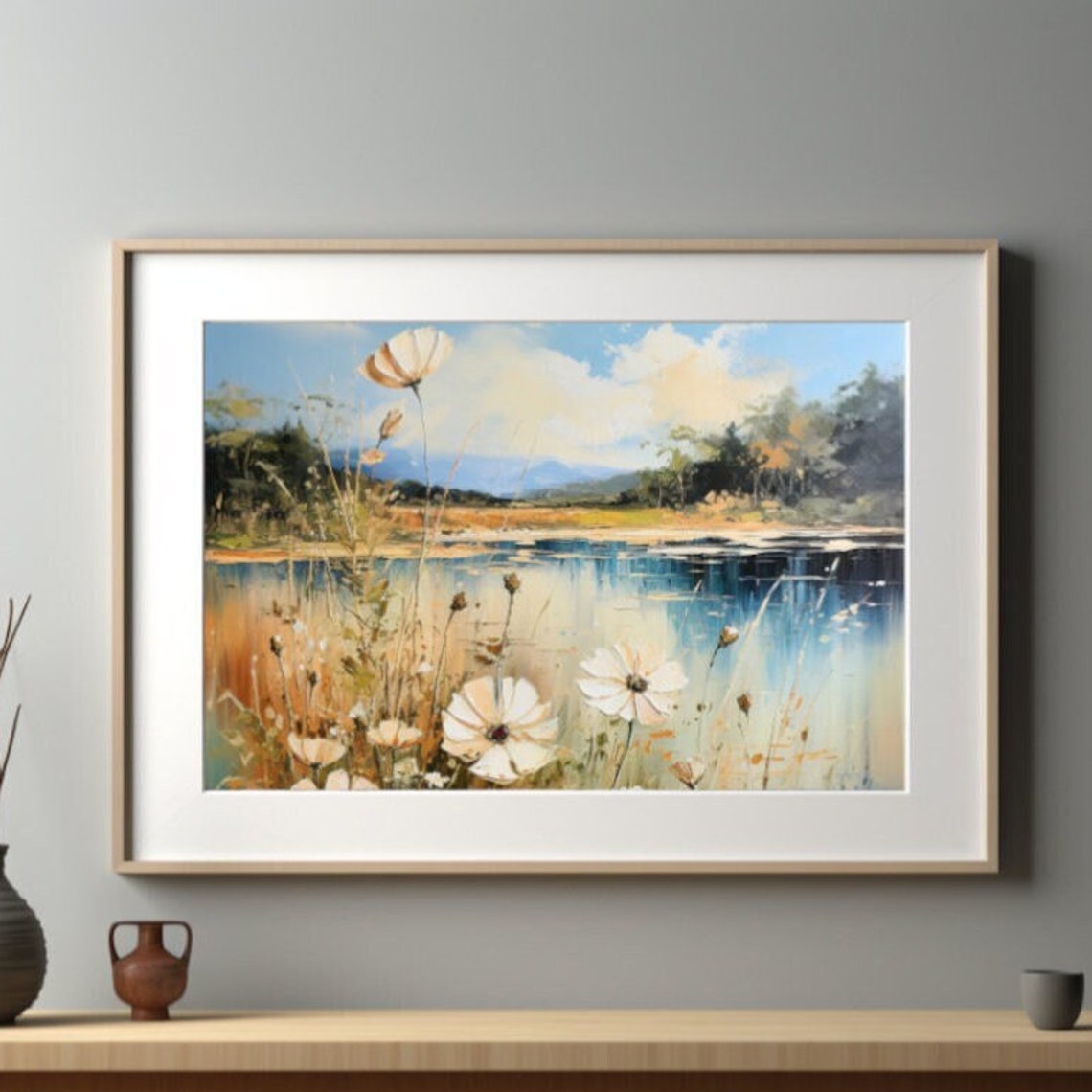 White Cosmos Flowers by the Lake with Mountains Landscape Poster