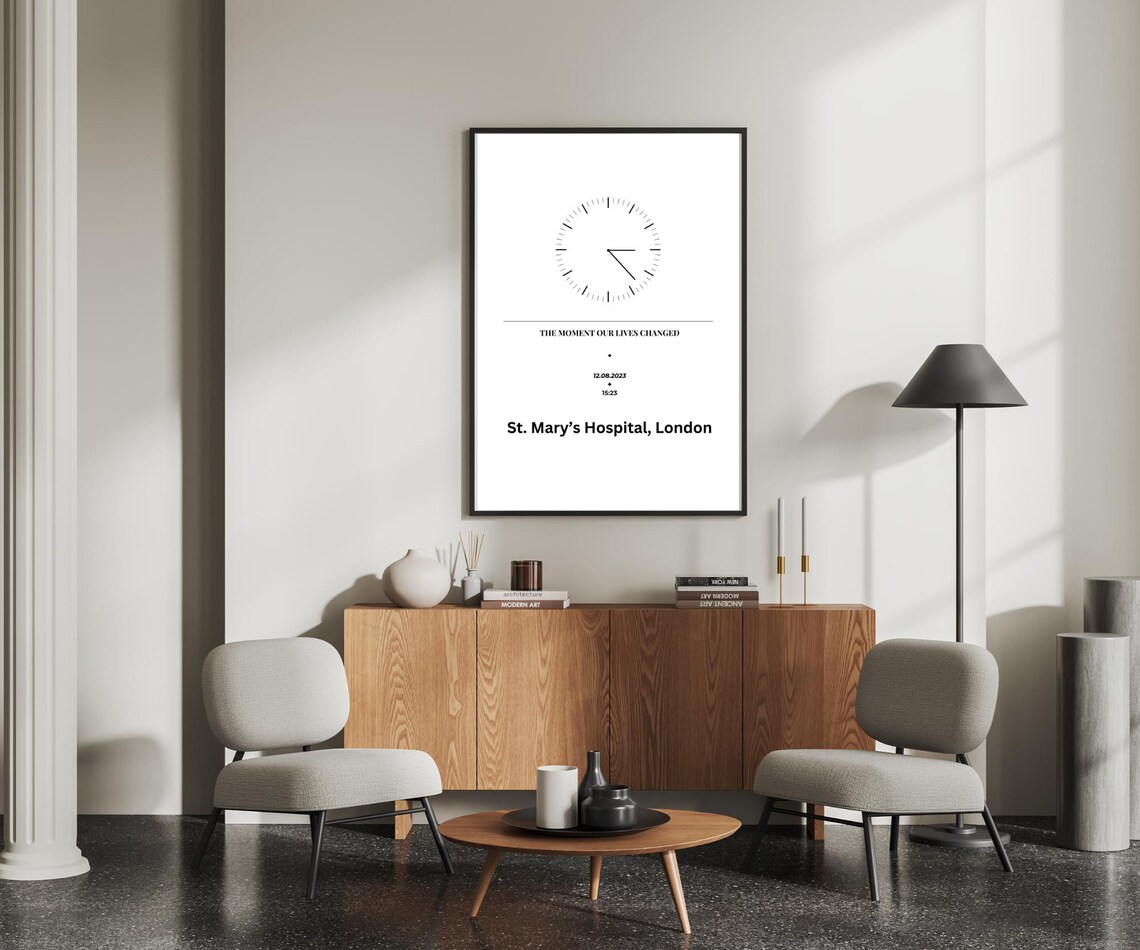 Custom Time Place Clock, Minimalist Personalized Poster
