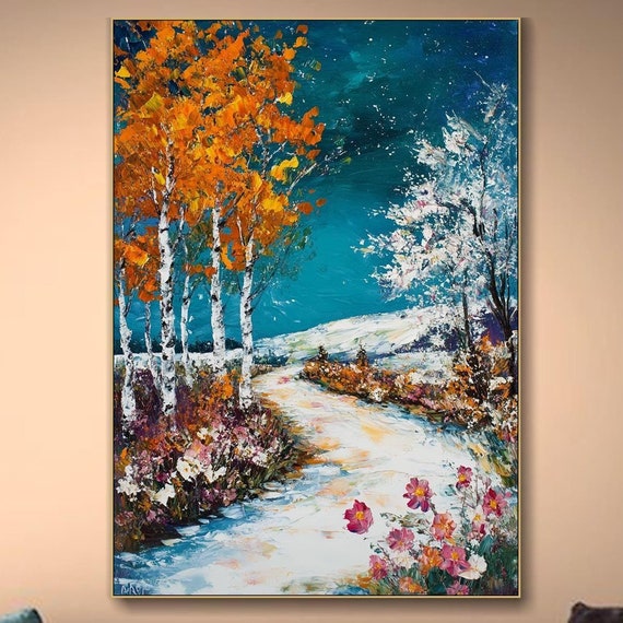 Original Landscape Painting On Colorful Forest Pathway Textured Wall Art Scenic Woodland Artwork Large For Living Room Decor