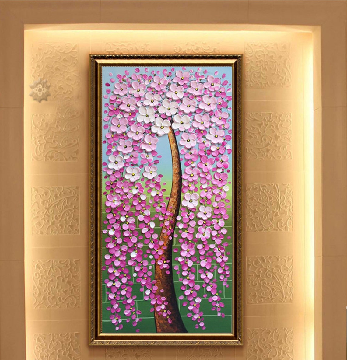 Weeping Pink White Cherry Blossom Tree Green Blue Oil Poster - Image 3