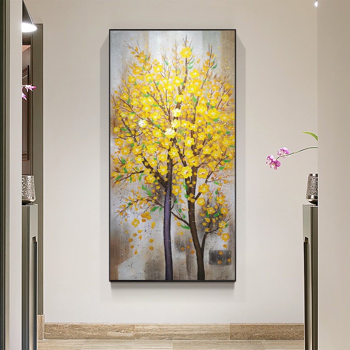 Large Art Yellow Flower Oil Painting On Living Room Wall Art Decor Texture Painting Palette Knife Painting Tree Painting Wall Decor - Image 2