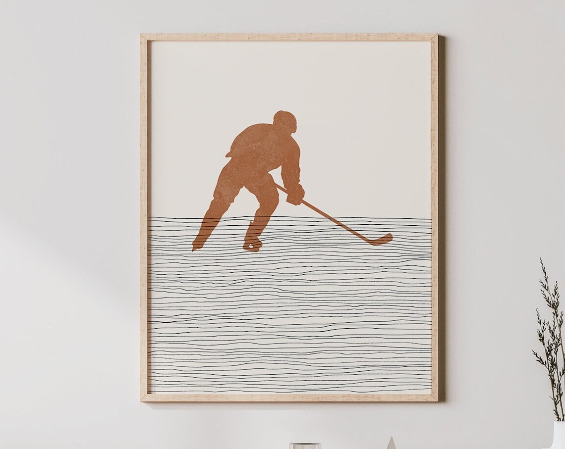 Boho Hockey Player Art Print, Minimalist Ice Poster