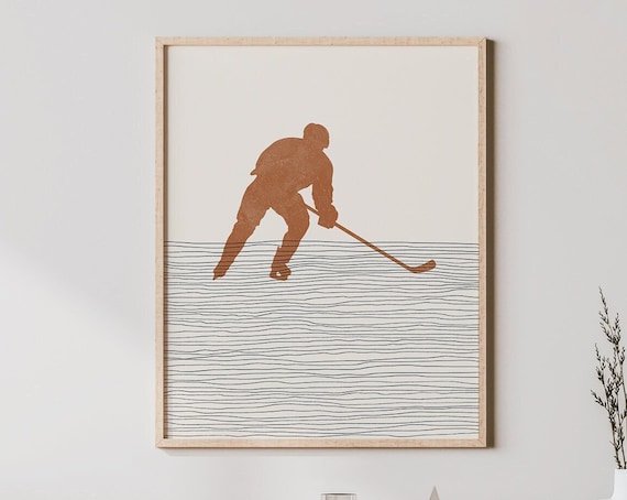 Boho Hockey Player Art Print, Minimalist Ice Poster