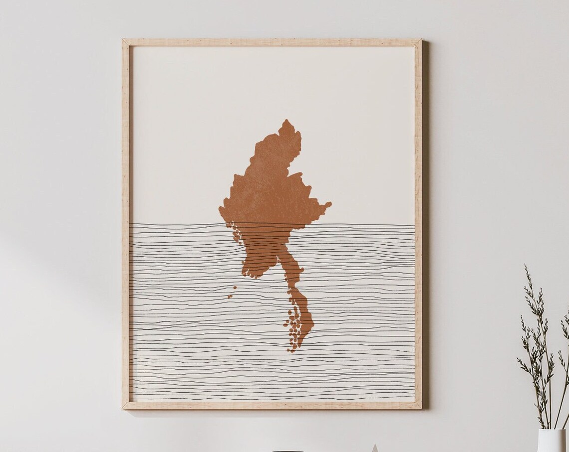 Myanmar Country Map Silhouette Minimalist Boho Line Art Poster