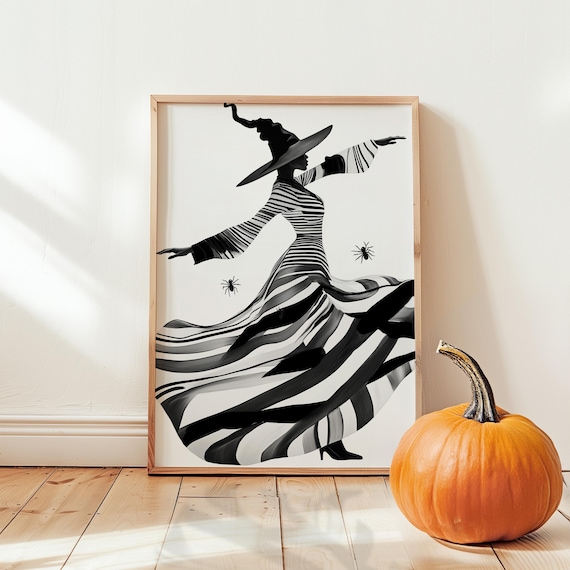 Dancing Witch Silhouette In Striped Dress Halloween Black White Poster