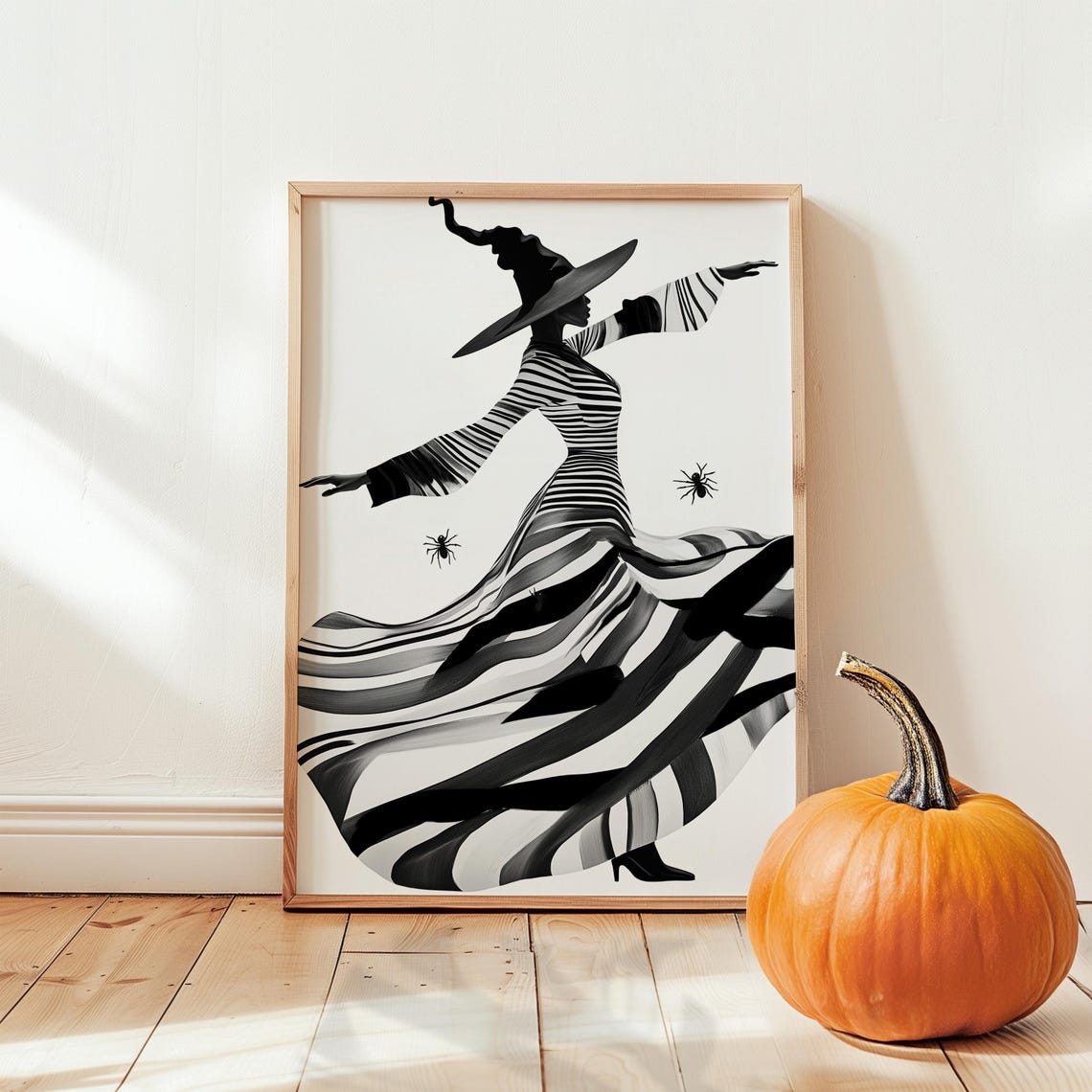 Dancing Witch Silhouette In Striped Dress Halloween Black White Poster