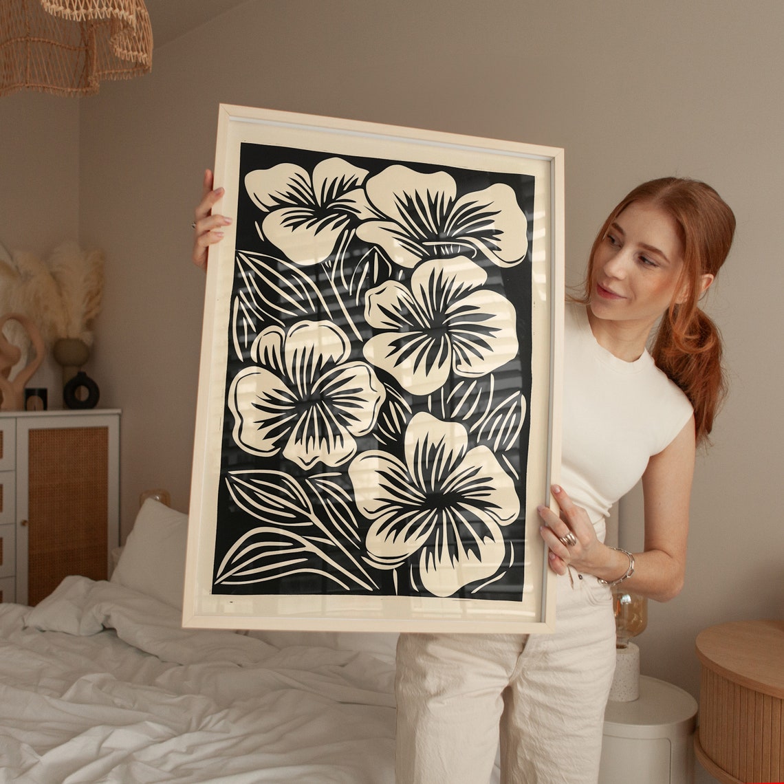 Black And White Hibiscus Linocut Botanical Floral Ink Poster