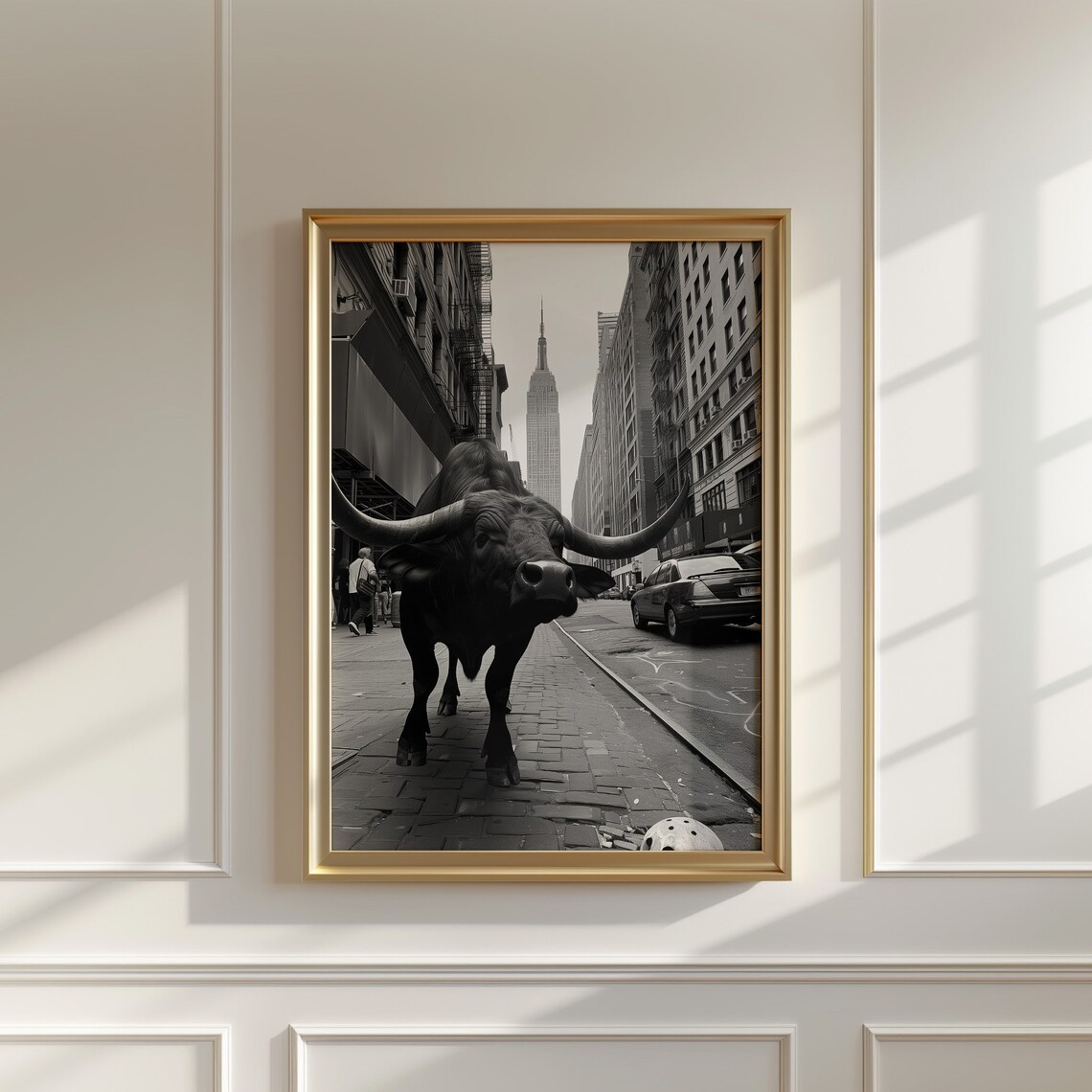 Black Bull On Wall Street Surreal Black And White Photography Poster - Image 2