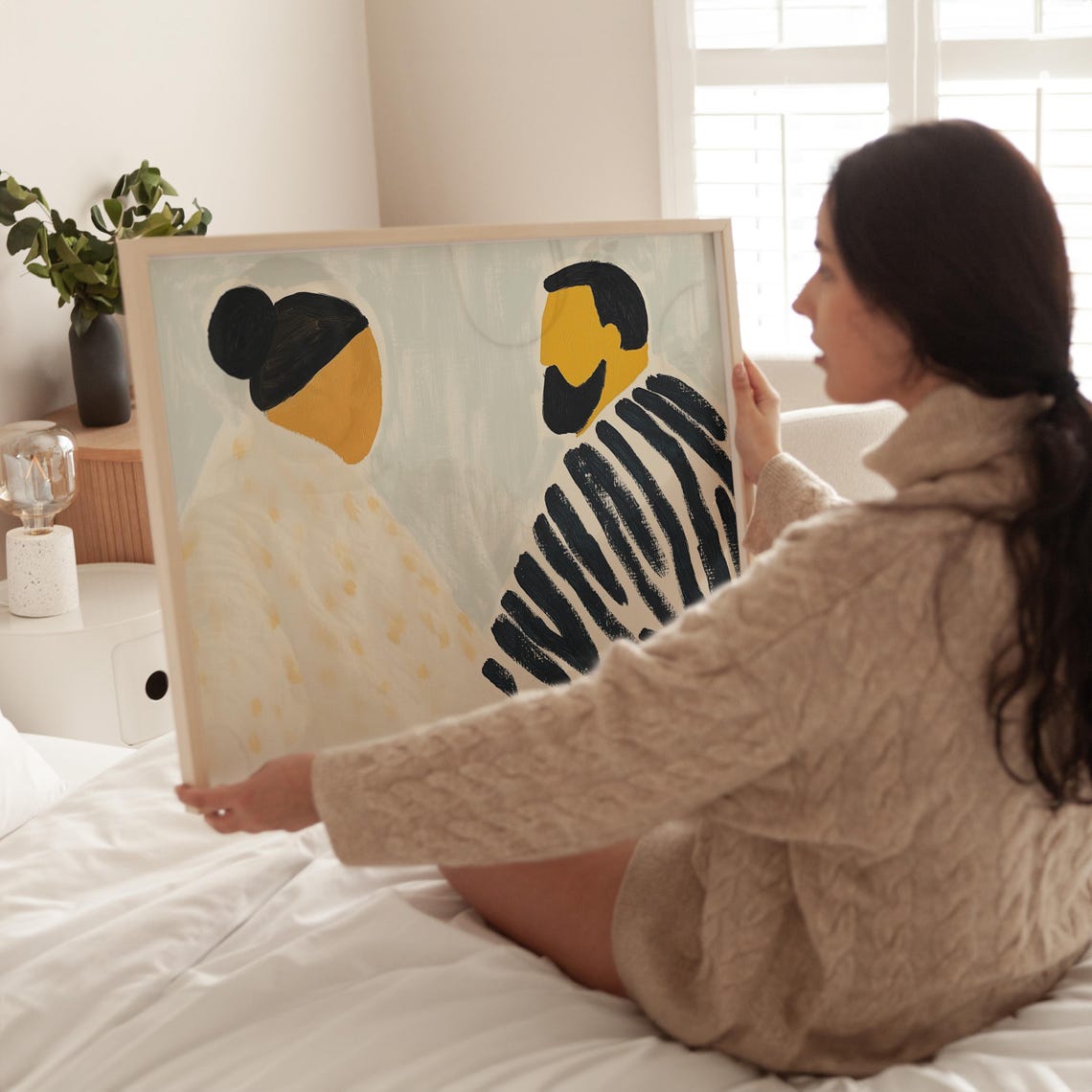 Minimalist Couple Facing Each Other in Striped Tops Tender Poster - Image 5