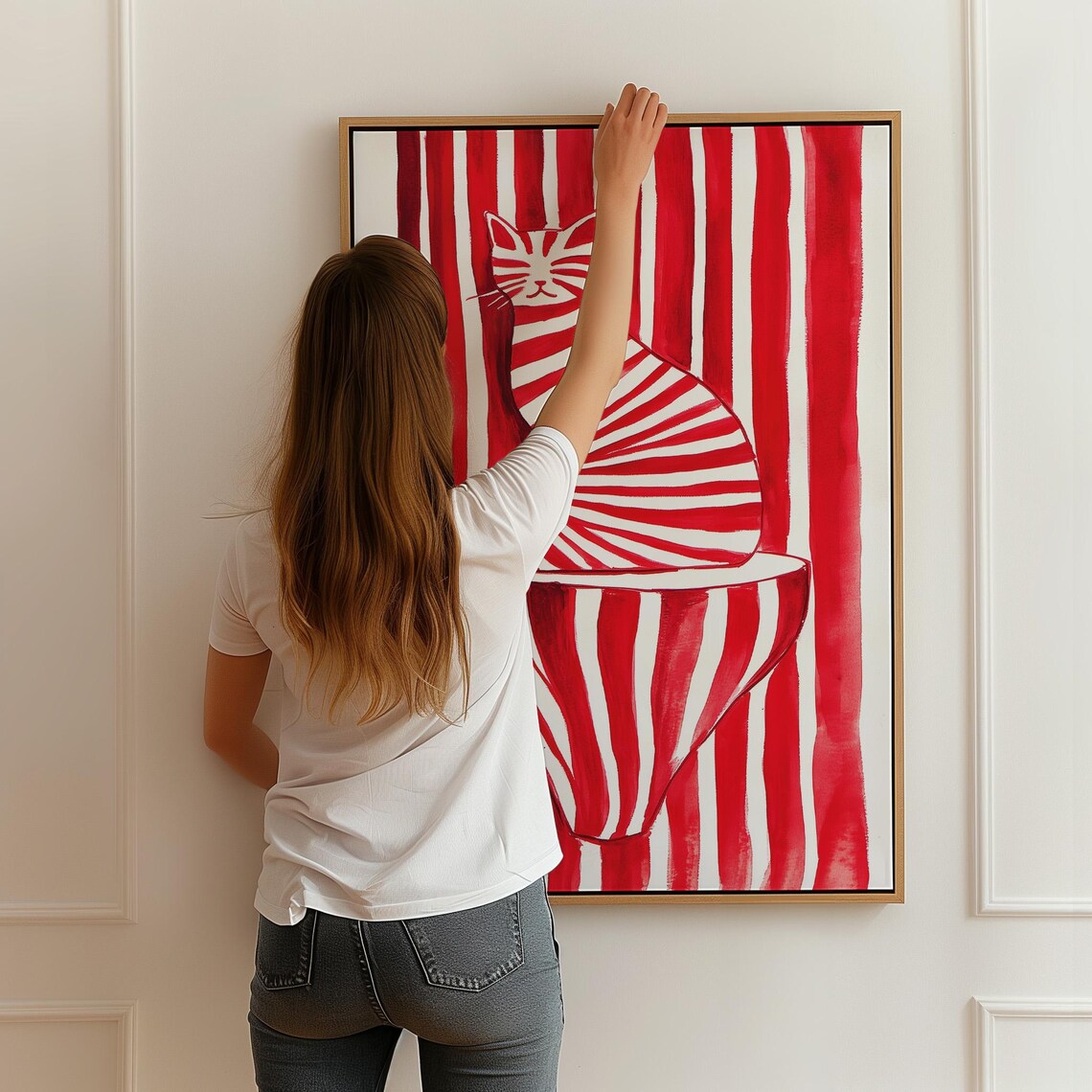 Red and White Striped Cat Sitting on Chair Whimsical Art Poster - Image 4